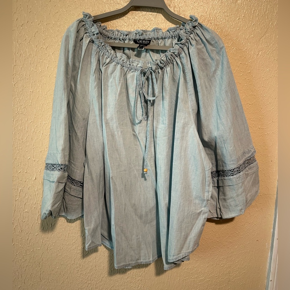 Lauren Ralph Lauren Black Label Chambray Lace Trim Boho Blouse Size 2X Plus Size - Picture 3 of 8